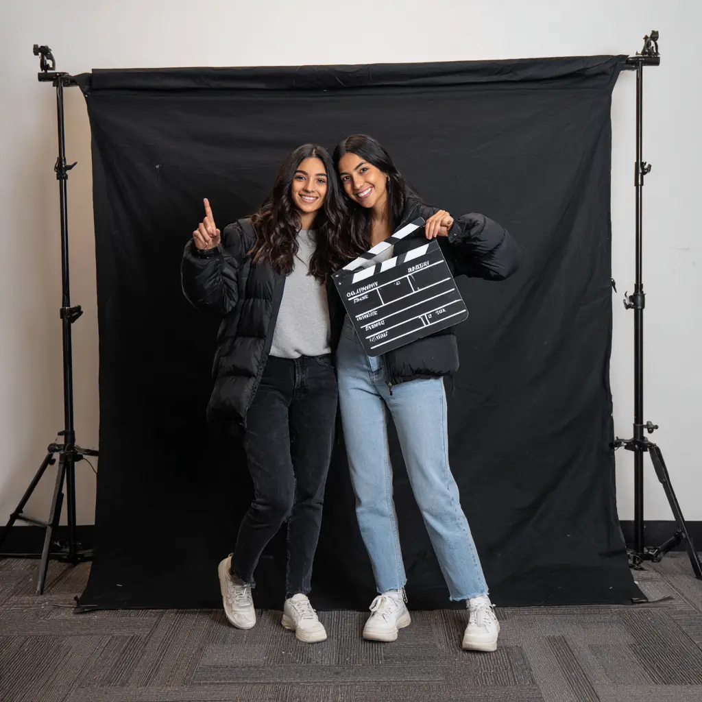 Guests posing with props in birthday photo booth in Atlanta