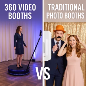 Guests on a 360 video booth platform creating a slow-motion video