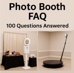 Photo Booth FAQ graphic showing open-air booth with sequin backdrop and props alongside a 360 video booth platform – Photo Booth FAQ 100 Questions Answered
