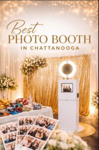 Best photo booth in Chattanooga setup with open-air booth, gold backdrop, props, and instant prints for weddings, proms, and corporate events